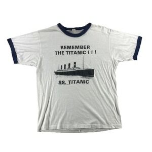 Vintage Screen Stars Shirt Mens XL White Titanic Ship Graphic Ringer Tee 80s